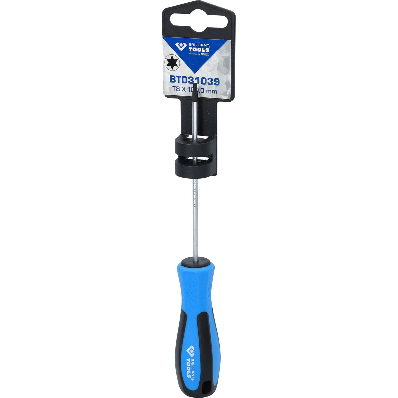 Un cacciavite con manico blu e nero, albero argentato e supporto nero con etichetta.