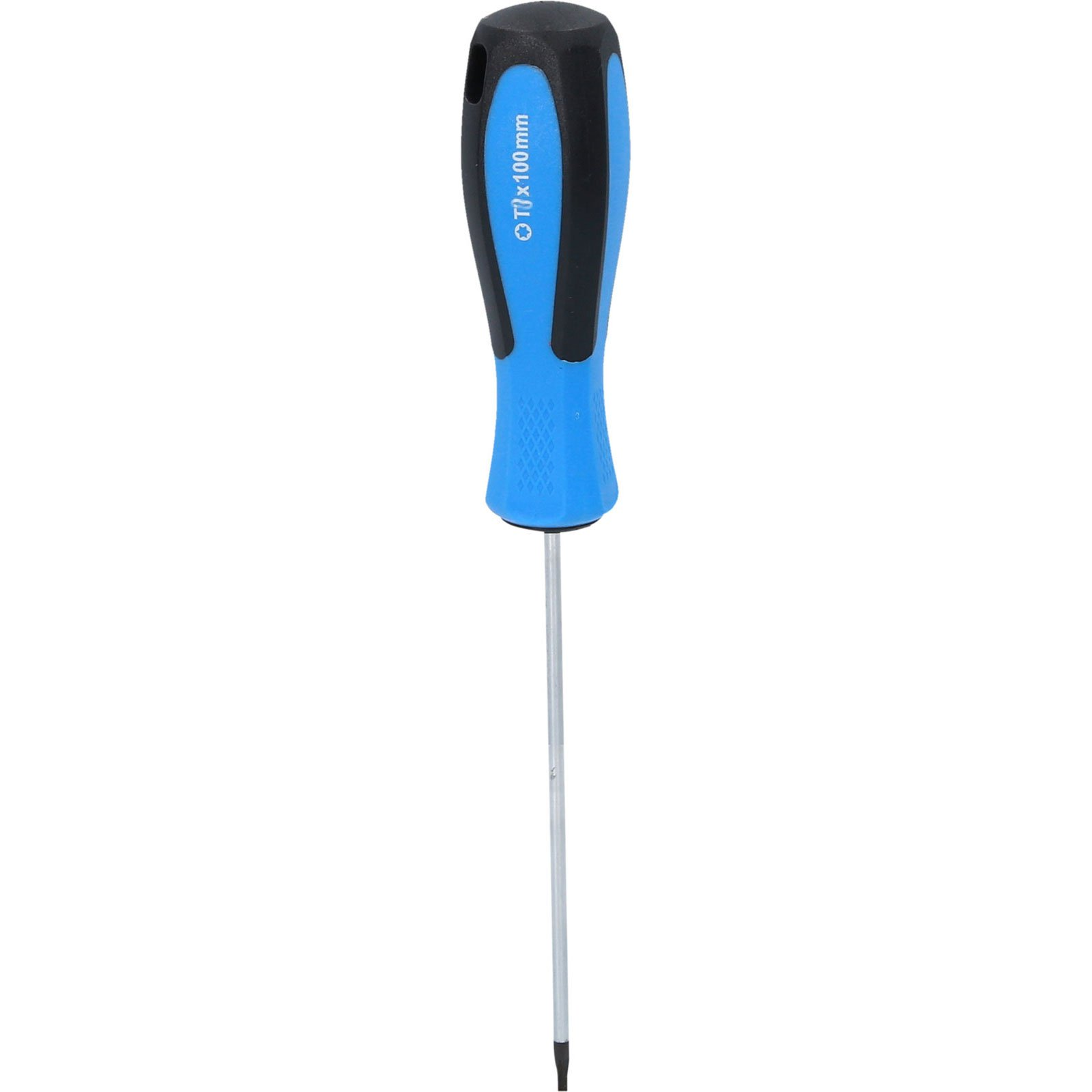 Un cacciavite blu e nero con un'asta argentata. È in piedi su sfondo bianco.