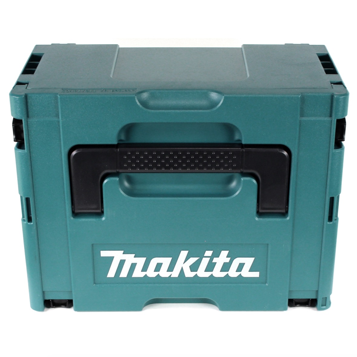Eine teal Makita Werkzeugkiste mit schwarzem Griff. Das Makita-Logo ist auf der Vorderseite sichtbar.