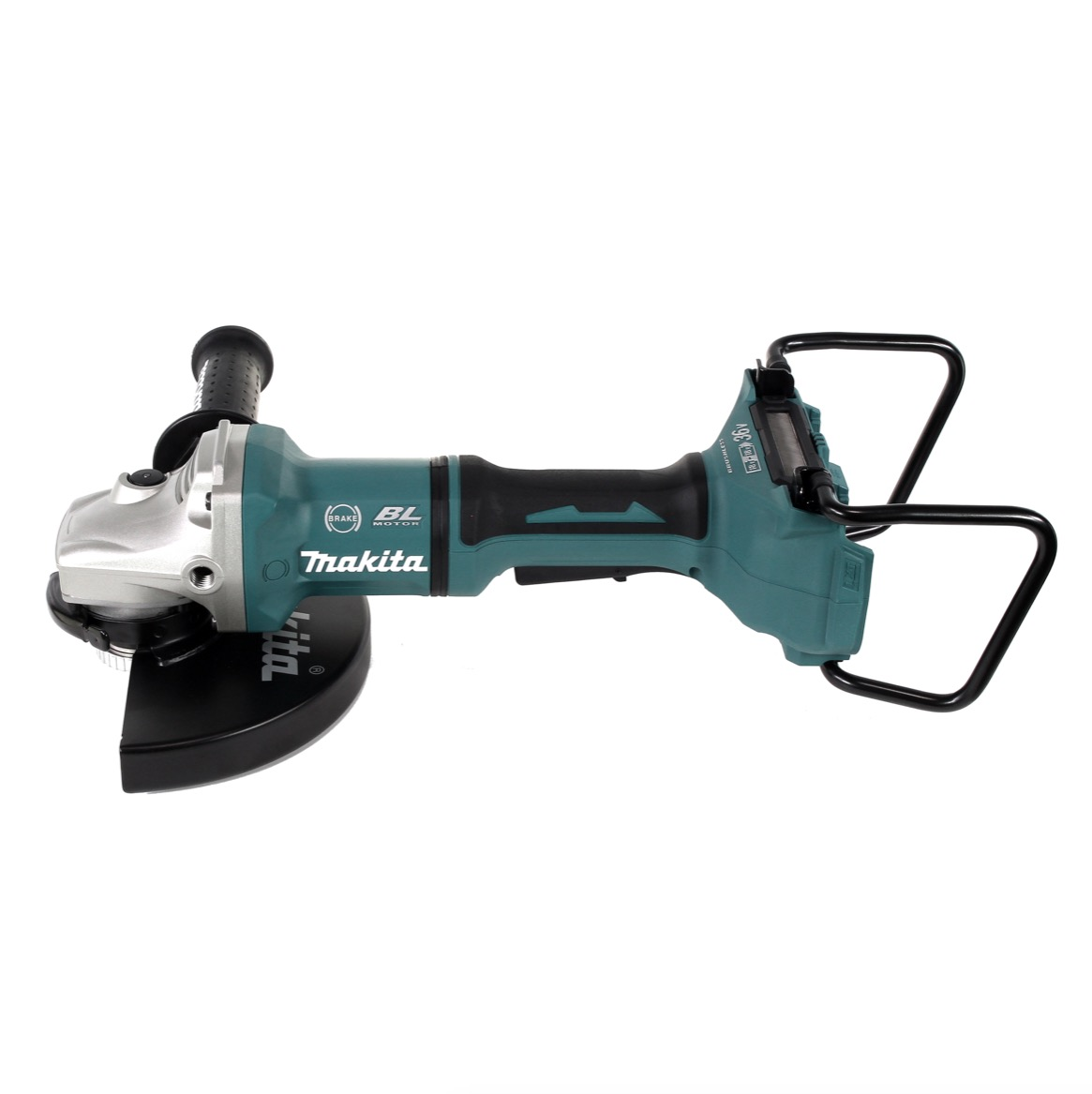 Makita Winkelschleifer. Türkis-schwarzes Gehäuse mit schwarzem Griff und Schutz. Griff an der Seite. Weißer Hintergrund.