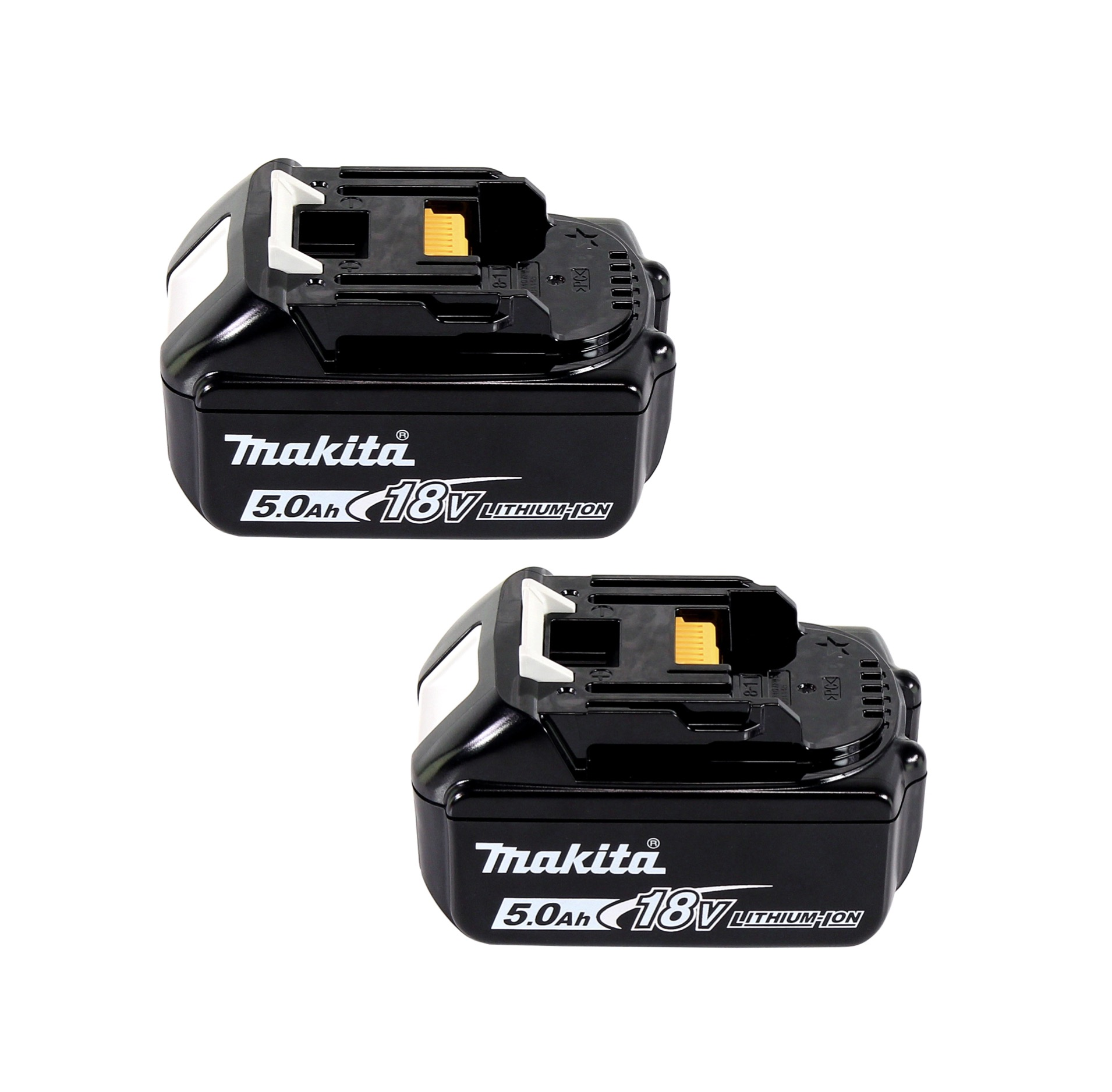 Zwei schwarze Makita 18V Lithium-Ionen-Akkus vor weißem Hintergrund. Jeder hat weiße und gelbe Akzente.