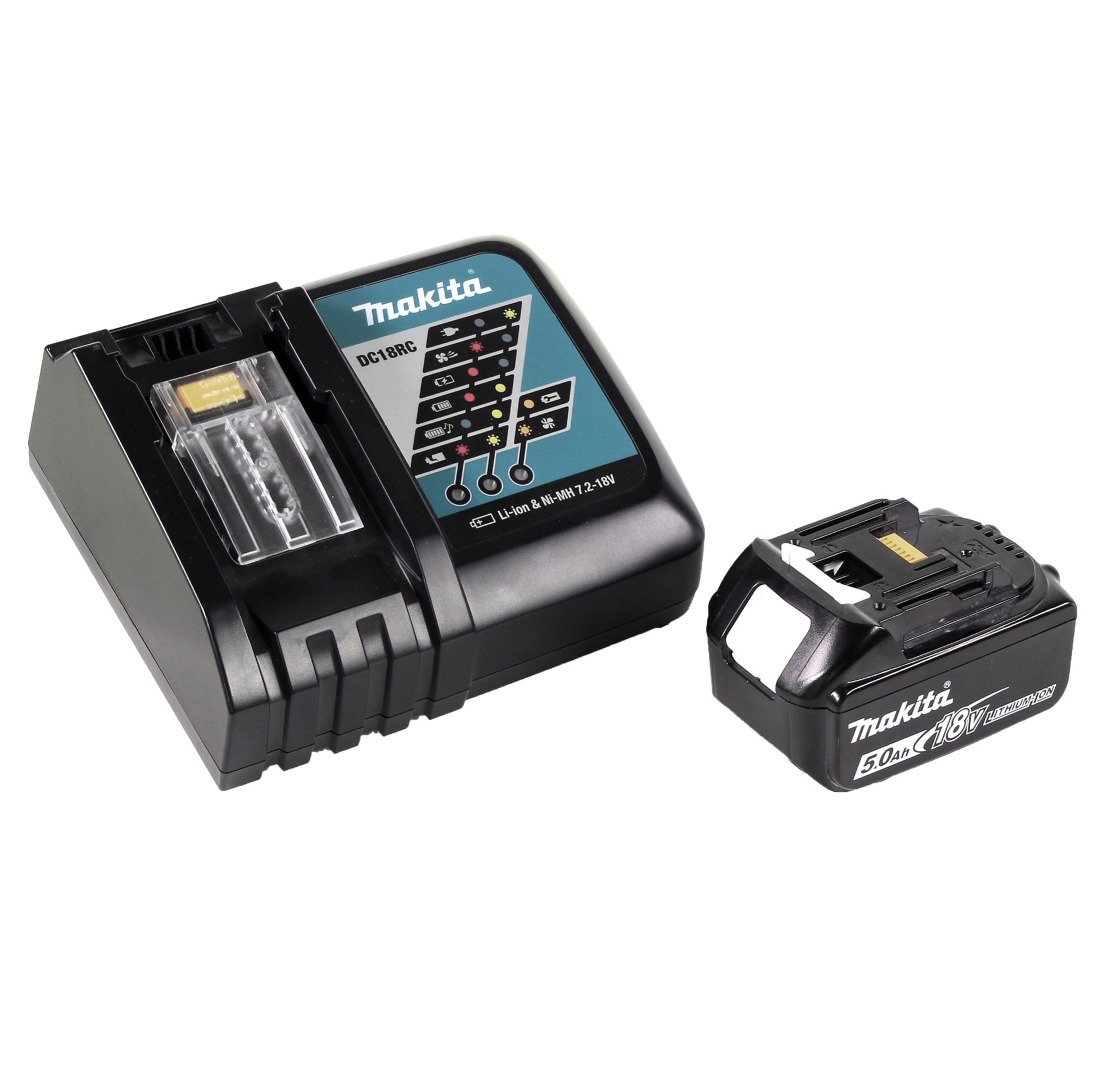 Schwarzes Makita-Batterieladegerät und -Akku auf weißem Hintergrund. Ladegerät hat Kontrollleuchten, Akku ist 18V 5.0Ah.