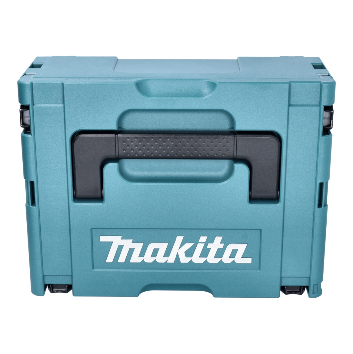 Eine türkisblaue Makita-Werkzeugkiste mit schwarzem Griff. Das Makita-Logo ist weiß. Die Box steht vor weißem Hintergrund.