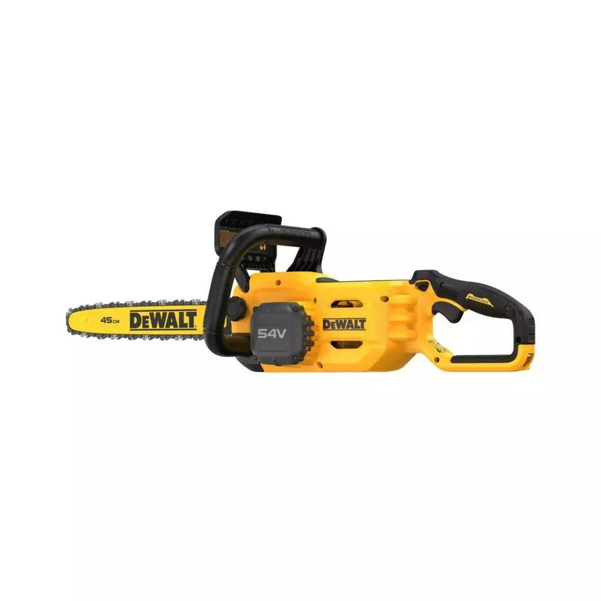 Gelbe und schwarze DeWalt-Kettensäge. Sie hat ein 45 cm langes Schwert und einen 54V-Akku. Der Hintergrund ist weiß.