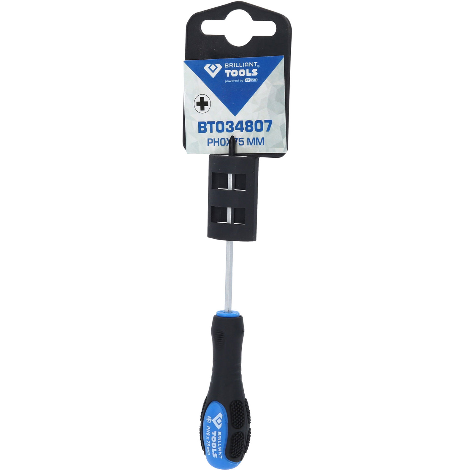 Ein Schraubendreher mit einem schwarz-blauen Griff und einem Etikett mit der Aufschrift BRILLIANT TOOLS.