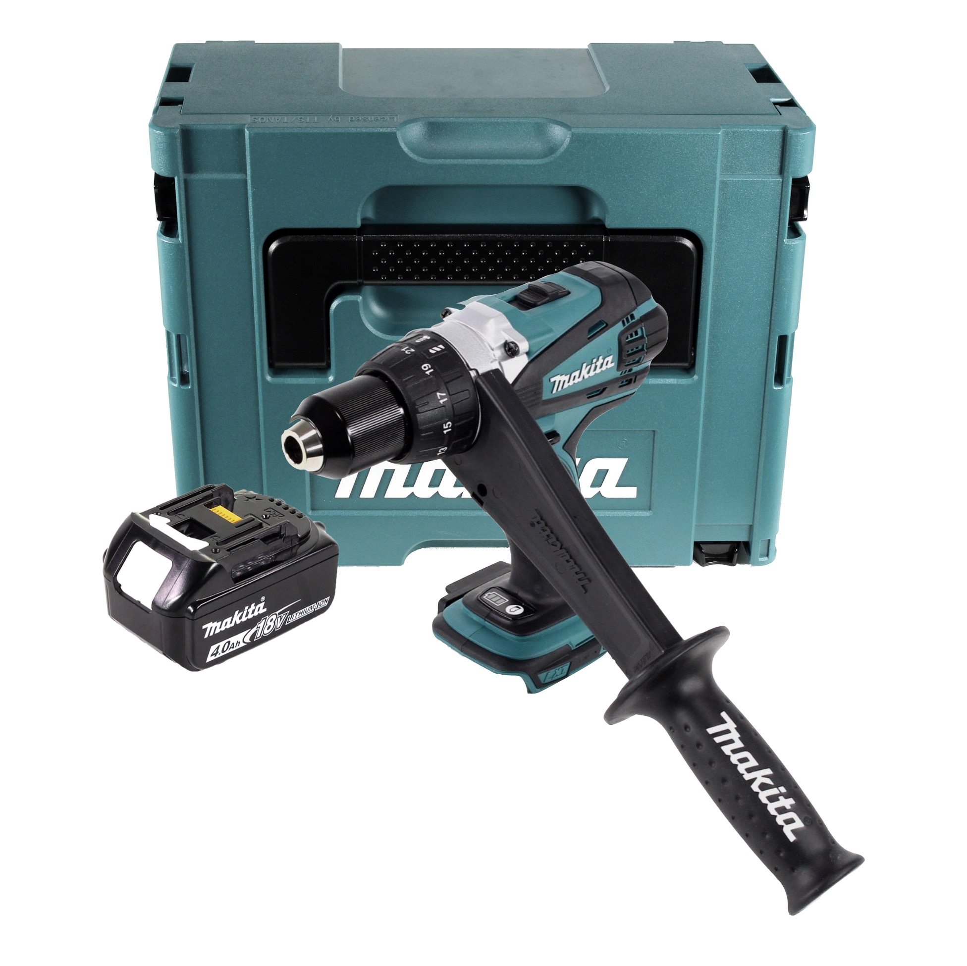 Ein Makita-Bohrer mit teal- und schwarzem Farbschema, einem Akku und einem Koffer, alles auf weißem Hintergrund.