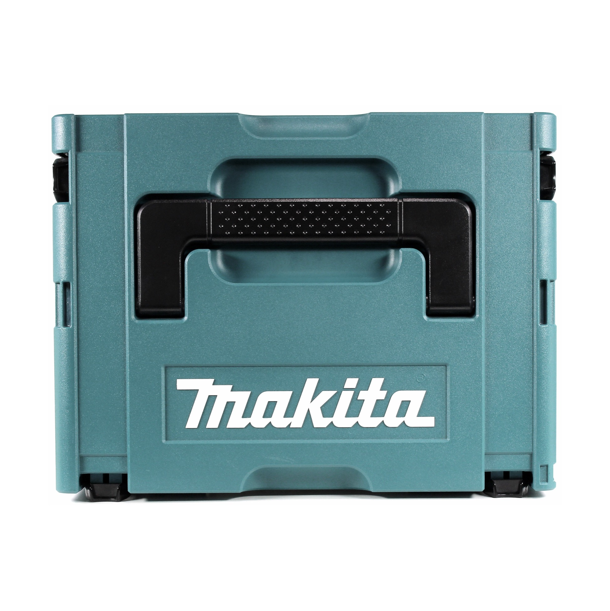 Eine teal Makita-Werkzeugkiste mit schwarzem Griff und dem Makita-Logo in Weiß auf der Vorderseite.