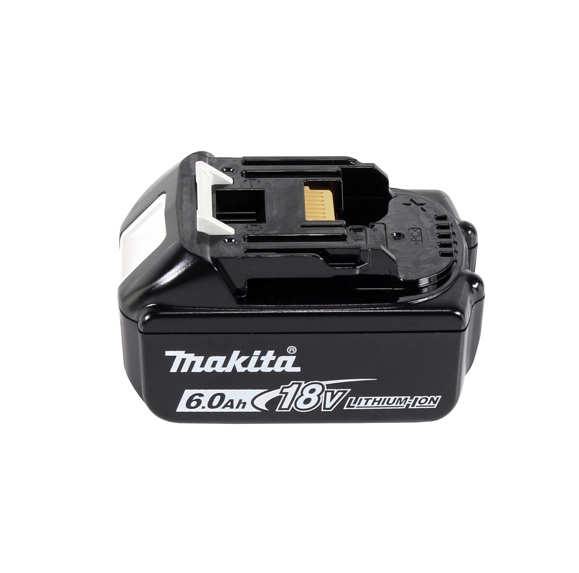 Ein schwarzer Makita 18V 6.0Ah Lithium-Ionen-Akku. Er hat eine schwarze Oberseite mit einem weißen und gelben Stecker und weißen Akzenten.