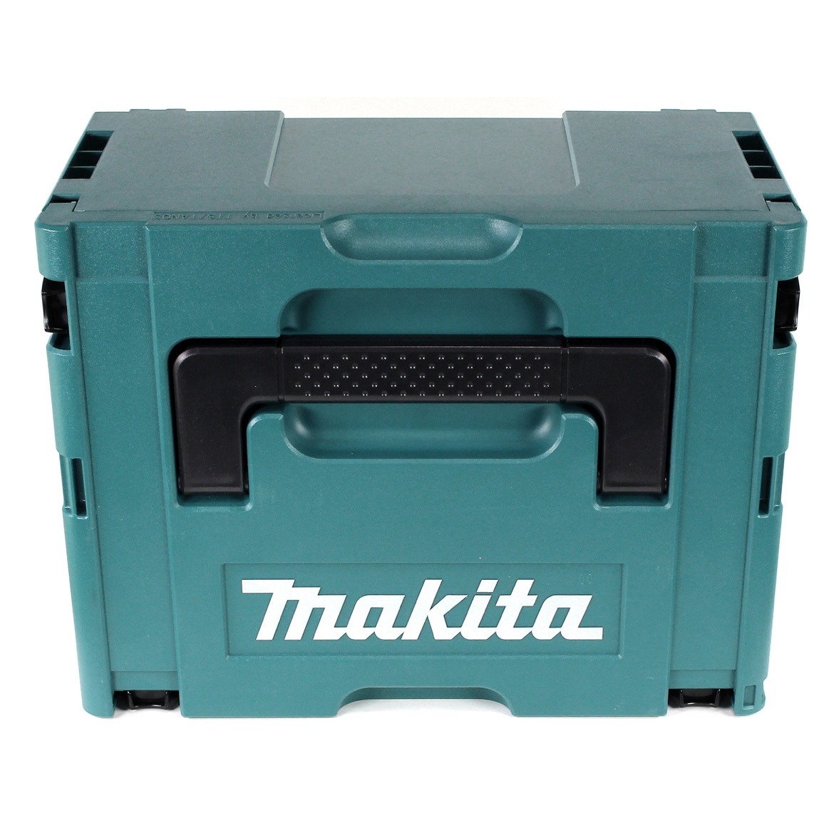 Eine teal Makita Werkzeugkiste mit schwarzem Griff und Logo. Die Box ist geschlossen und steht auf weißem Untergrund.