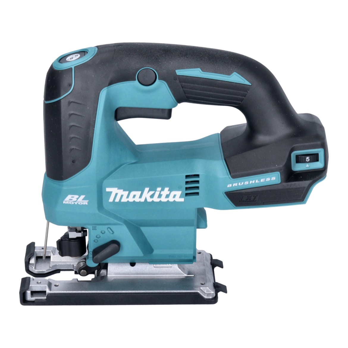 Eine teal- und schwarze Makita Stichsäge. Sie hat einen schwarzen Griff und Sockel mit einem Metallklingenhalter. Der Markenname ist sichtbar.