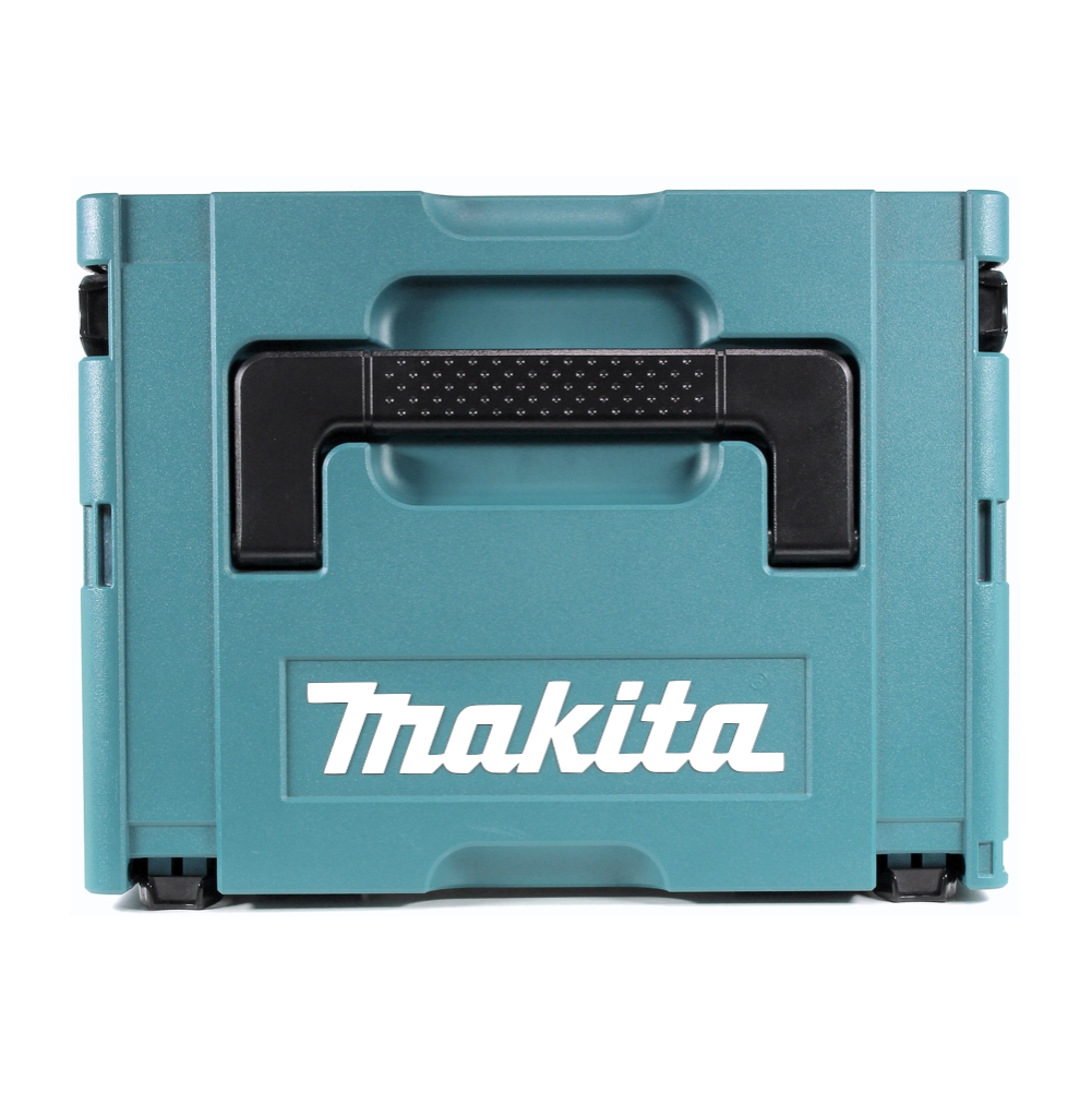 Eine türkisfarbene Makita-Werkzeugkiste mit schwarzem Griff. Das Makita-Logo ist prominent in Weiß auf der Vorderseite zu sehen.