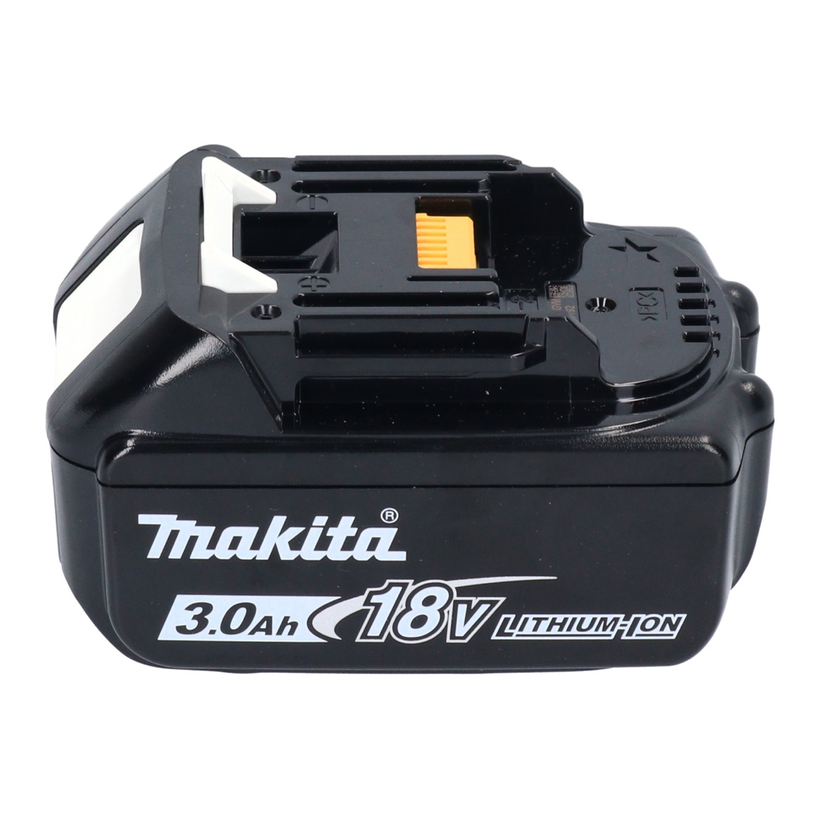 Ein schwarzer Makita 18V Lithium-Ionen-Akku. Es hat weißen Text und Details. Die Oberseite hat schwarze und gelbe Teile.
