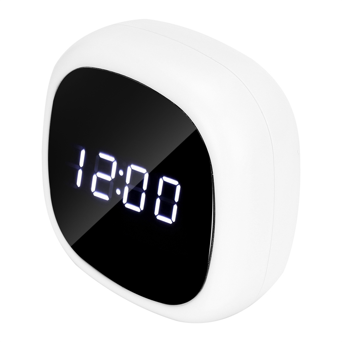 Ein weißer digitaler Wecker zeigt 12:00 Uhr auf einem schwarzen Bildschirm an. Die Uhr hat eine abgerundete quadratische Form.