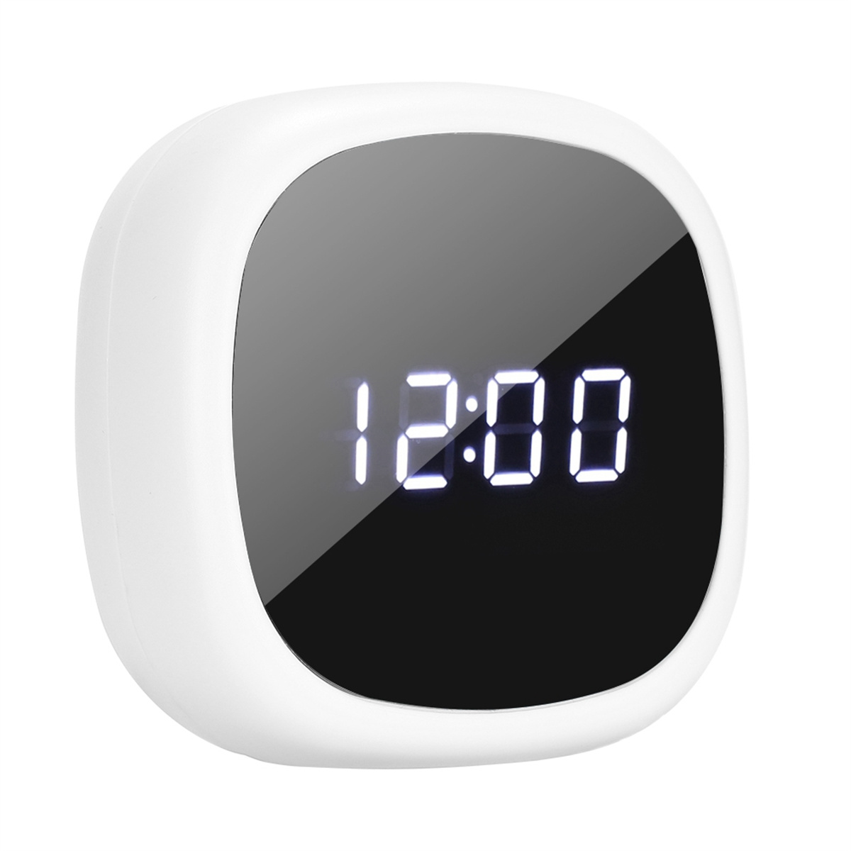 Eine weiße, abgerundete, quadratische Digitaluhr, die 12:00 Uhr auf einem schwarzen Bildschirm anzeigt.