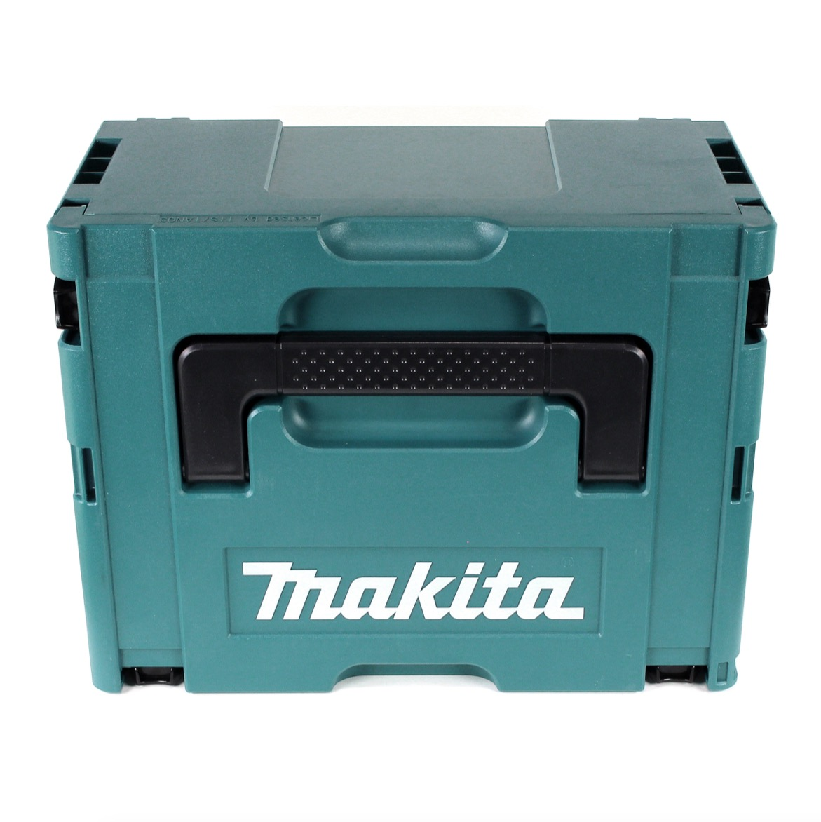 Eine teal Makita Werkzeugkiste mit schwarzem Griff. Das Makita-Logo ist weiß. Die Box steht auf einer weißen Oberfläche.