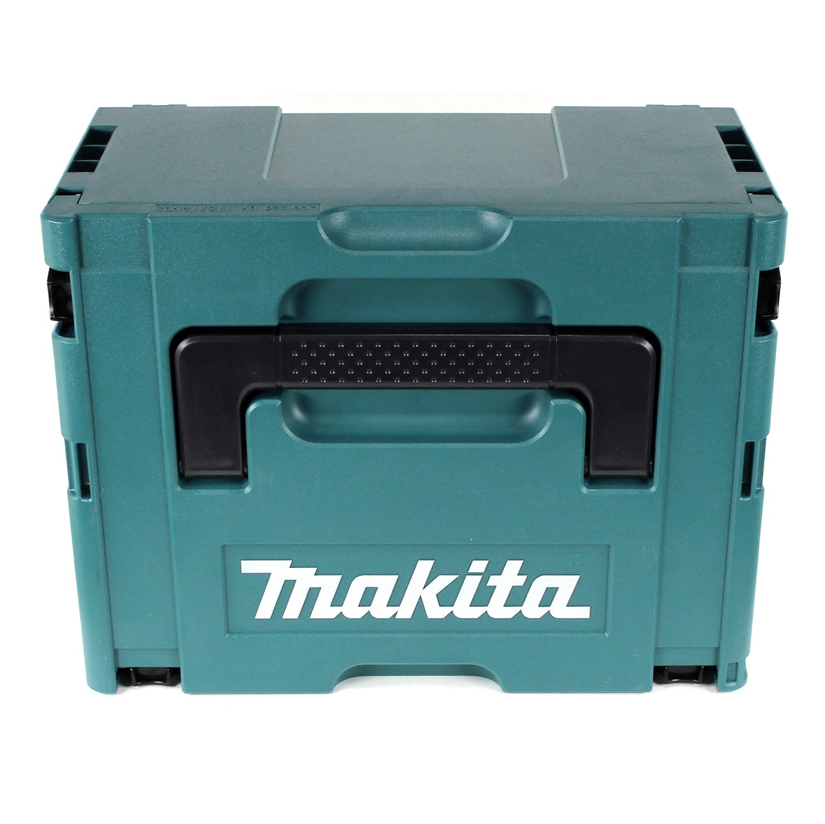 Eine teal Makita Werkzeugkiste. Sie hat einen schwarzen Griff und das Makita-Logo in Weiß. Die Box steht auf weißem Hintergrund.