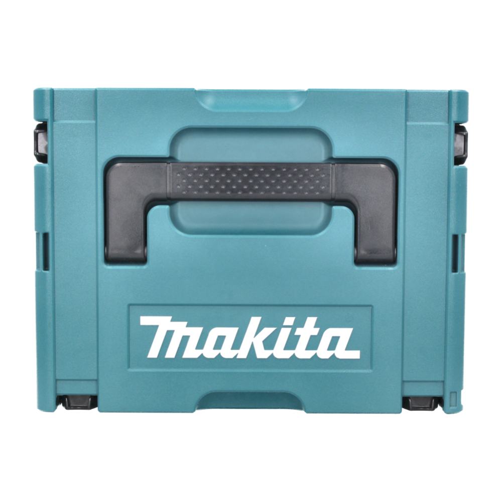 Eine teal Makita-Aufbewahrungsbox mit schwarzem Griff und dem weißen Makita-Logo.