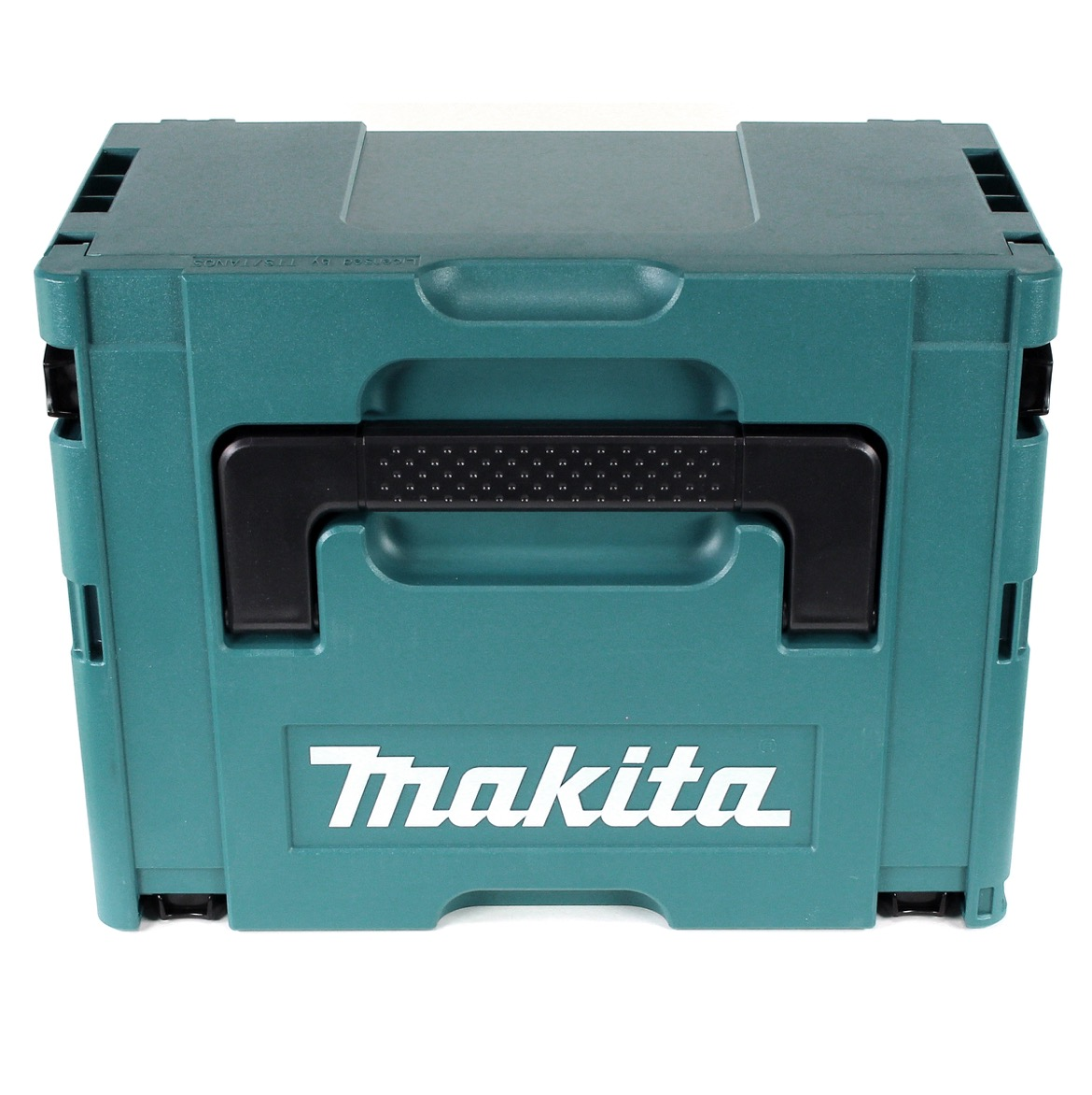 Eine teal Makita Werkzeugkiste mit schwarzem Griff und weißem Makita Logo. Die Werkzeugkiste ist geschlossen und steht auf weißem Untergrund.