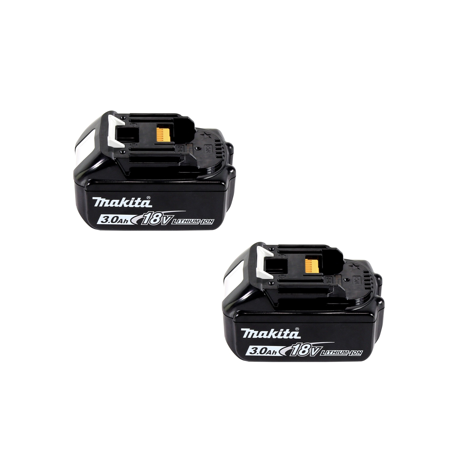 Zwei schwarze Makita 18V Lithium-Ionen-Akkus mit weißen Akzenten. Der Markenname und die Spezifikationen sind sichtbar.