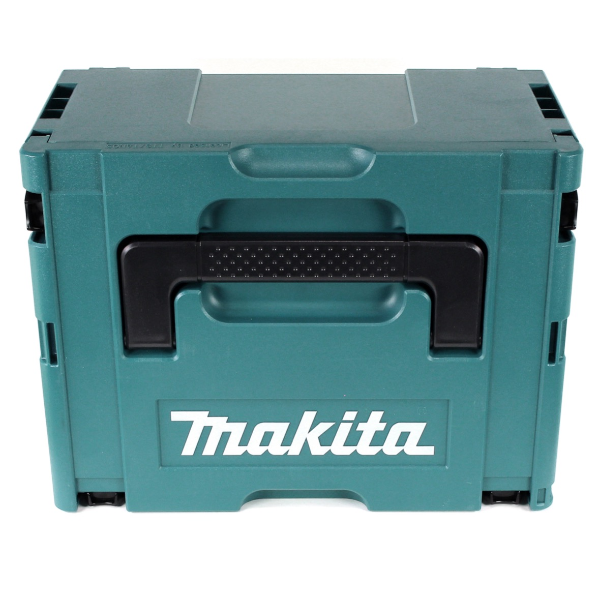 Eine türkisfarbene Makita-Werkzeugkiste mit schwarzem Griff und Makita-Logo. Die Box ist geschlossen und steht auf weißem Untergrund.