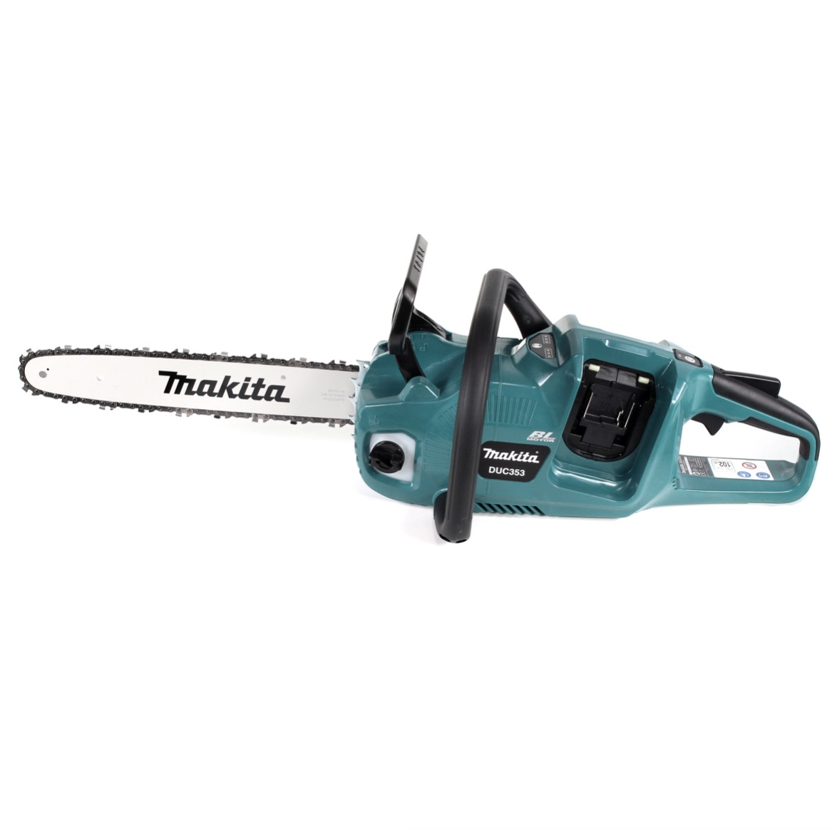 Eine türkisfarbene Makita DUC353 Kettensäge. Die Schiene befindet sich links, mit dem Makita-Logo. Der Griff und der Körper sind schwarz und türkis.