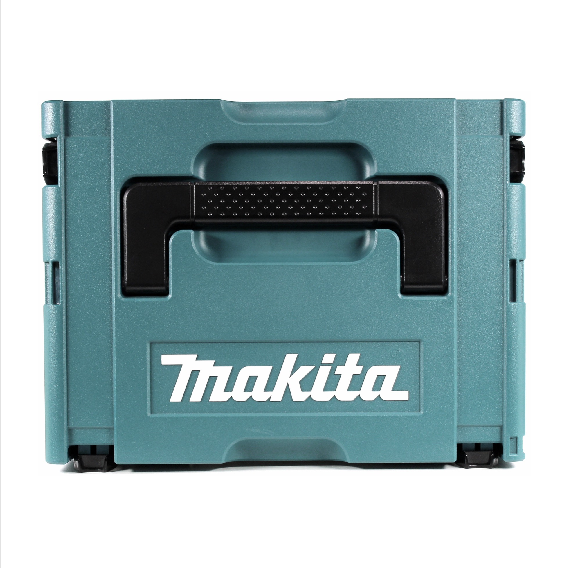 Ein türkisfarbener Makita-Werkzeugkasten mit schwarzem Griff und dem Makita-Logo in Weiß auf der Vorderseite.