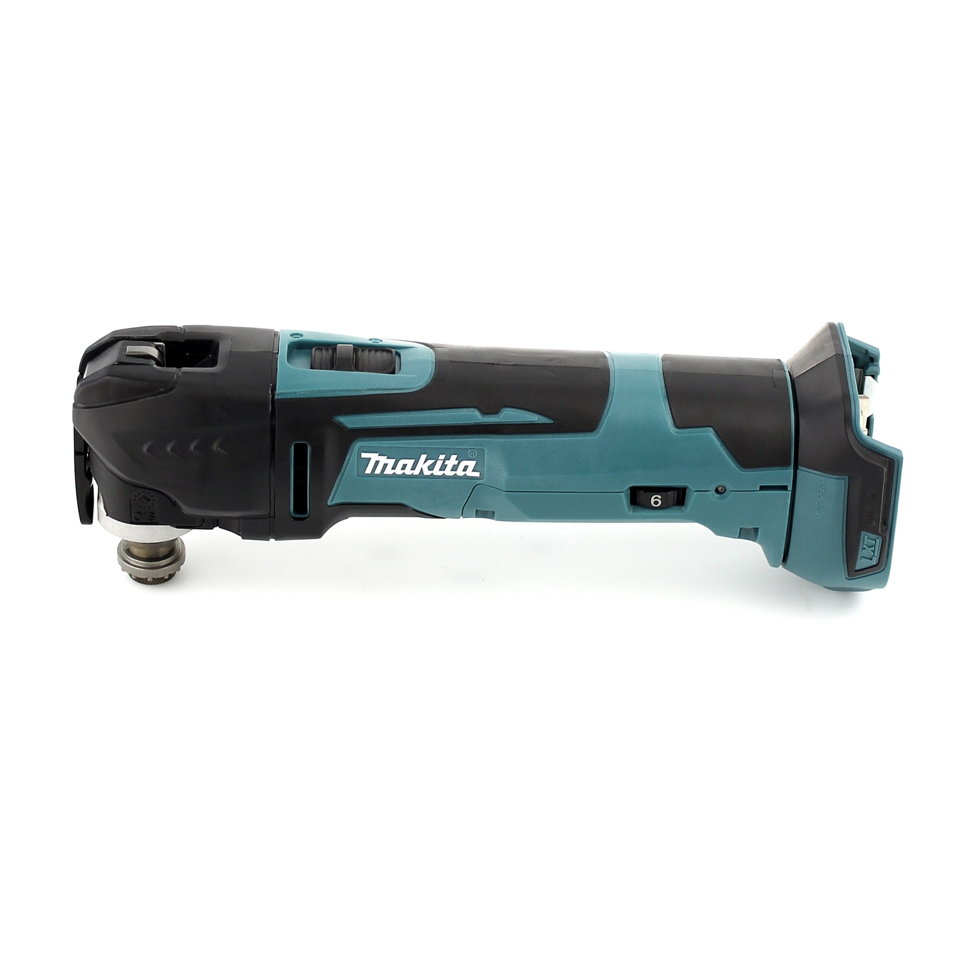 Ein teal-schwarzes Makita-Oszillations-Multitool auf weißem Grund, das den Markennamen und die Einstellungen zeigt.