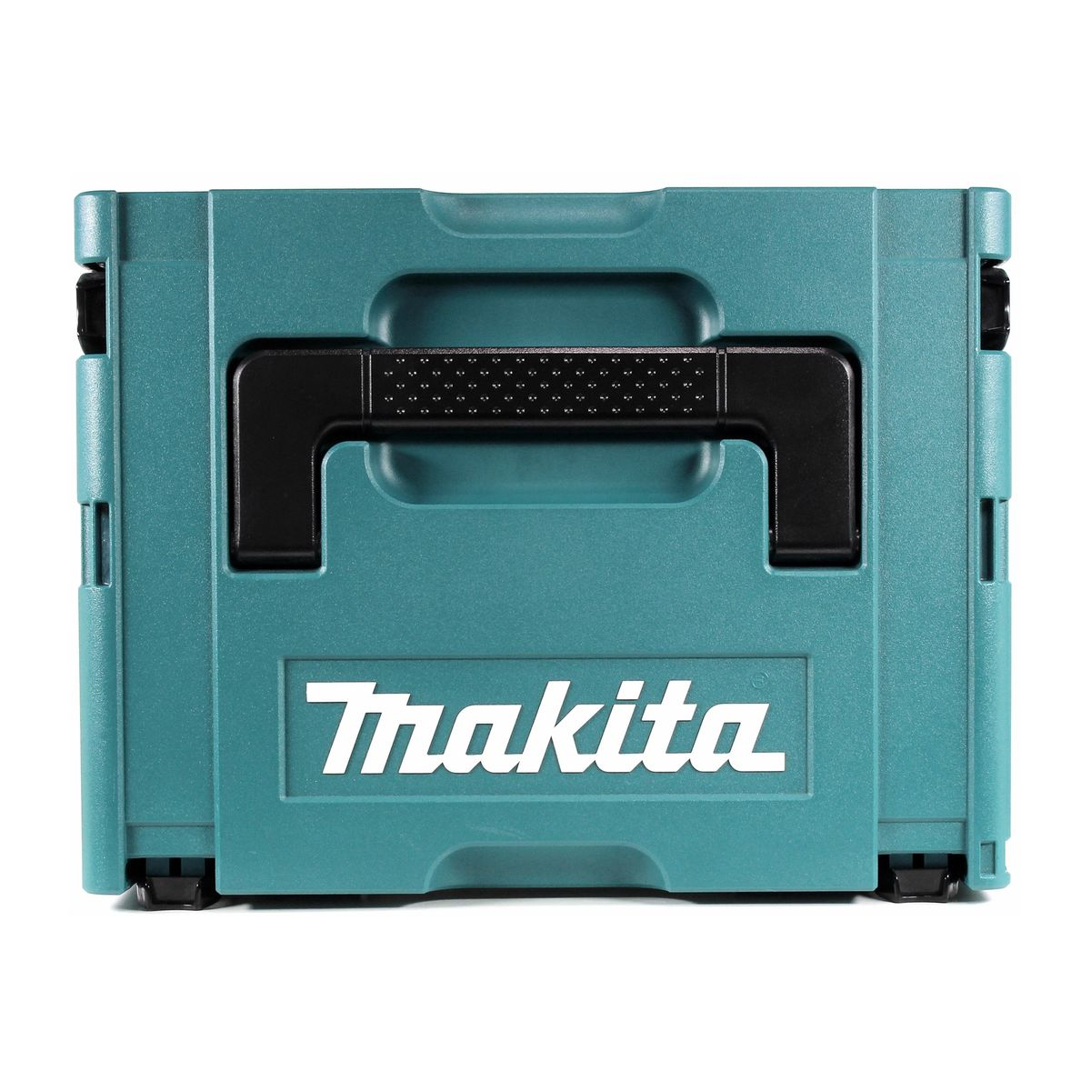 Eine türkisblaue Makita-Werkzeugkiste mit schwarzem Griff und dem weißen Makita-Logo. Auf weißem Hintergrund.