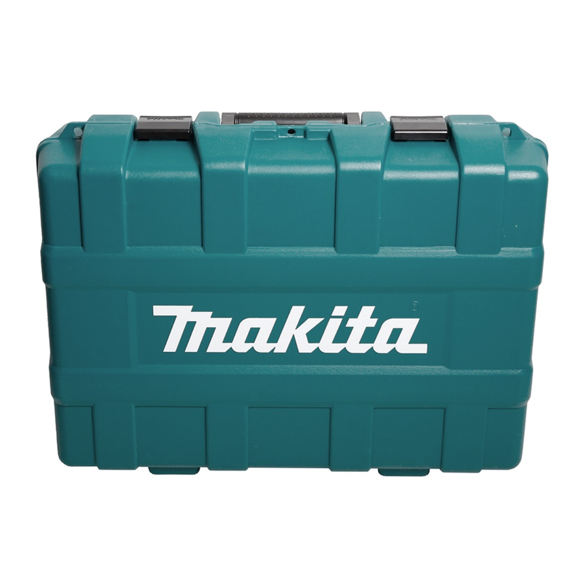 Eine türkisfarbene Makita-Werkzeugkiste mit weißem Markennamen. Sie hat schwarze Verschlüsse und einen Griff oben, vor weißem Hintergrund.