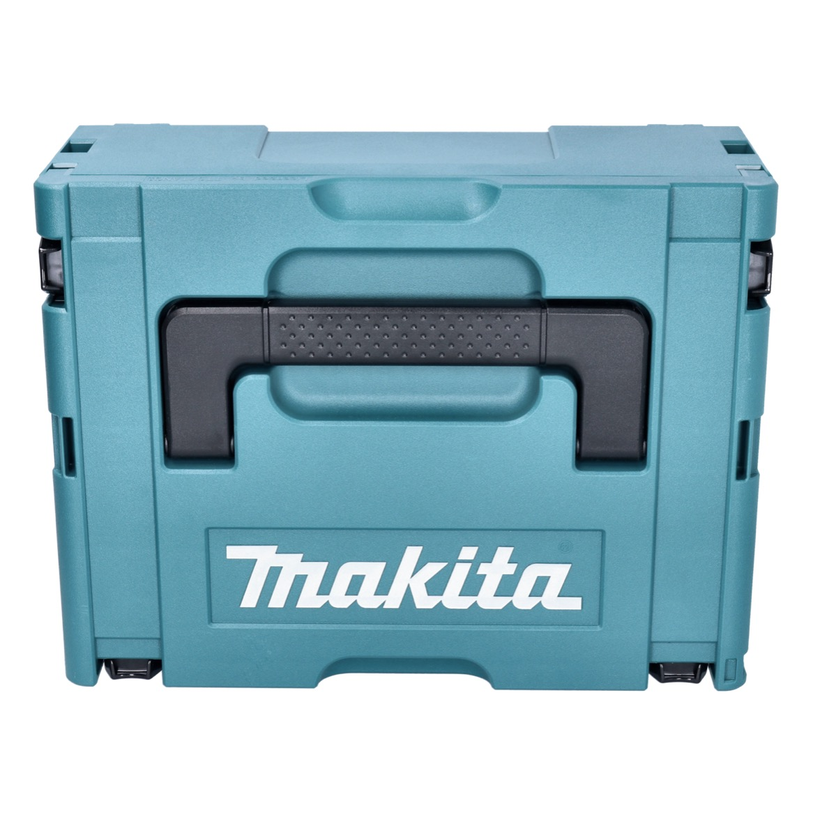 Eine türkisfarbene Makita-Werkzeugkiste. Sie hat einen schwarzen Griff und das Makita-Logo in Weiß. Auf weißem Hintergrund.
