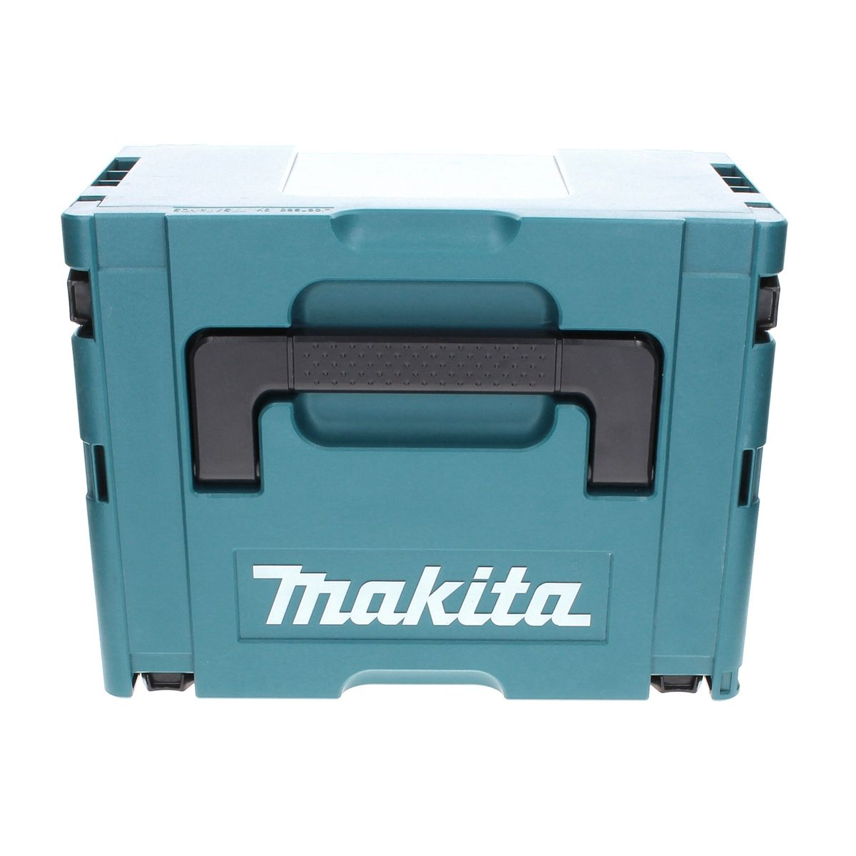 Eine türkisfarbene Makita-Werkzeugkiste mit schwarzem Griff. Das Makita-Logo ist sichtbar. Die Box befindet sich auf weißem Hintergrund.