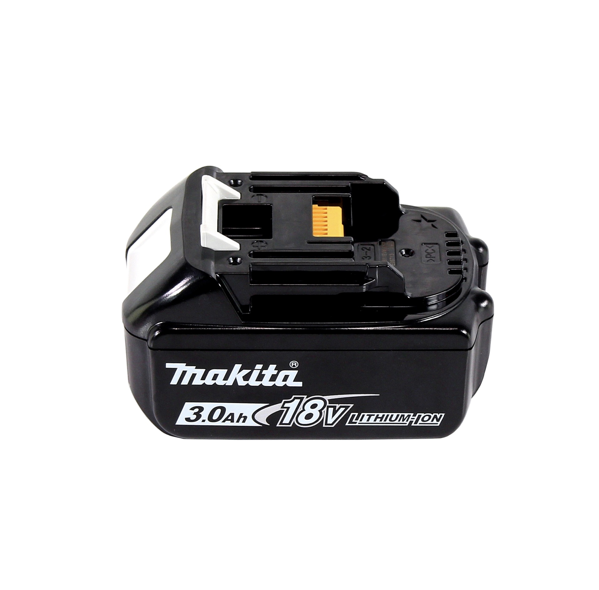Ein schwarzer Makita 18V Lithium-Ionen-Akku mit weißen Akzenten. Er zeigt das Markenlogo und die Volt-Details.