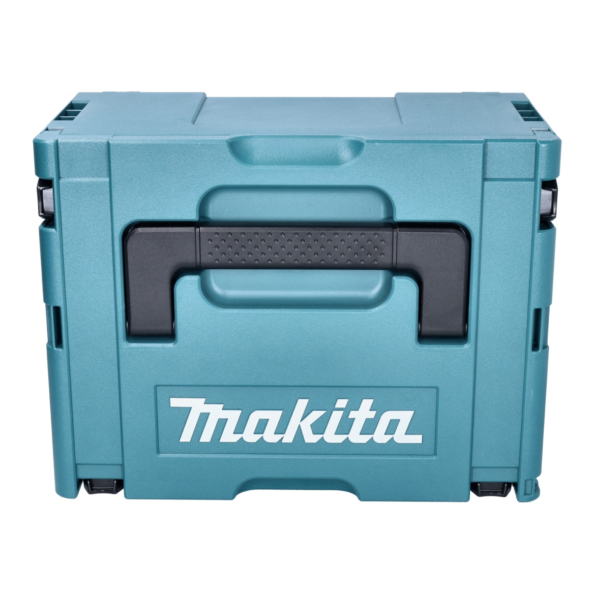 Eine türkisfarbene Makita-Werkzeugkiste mit schwarzem Griff und Markennamen. Sie ist rechteckig und hat einen geschlossenen Deckel.