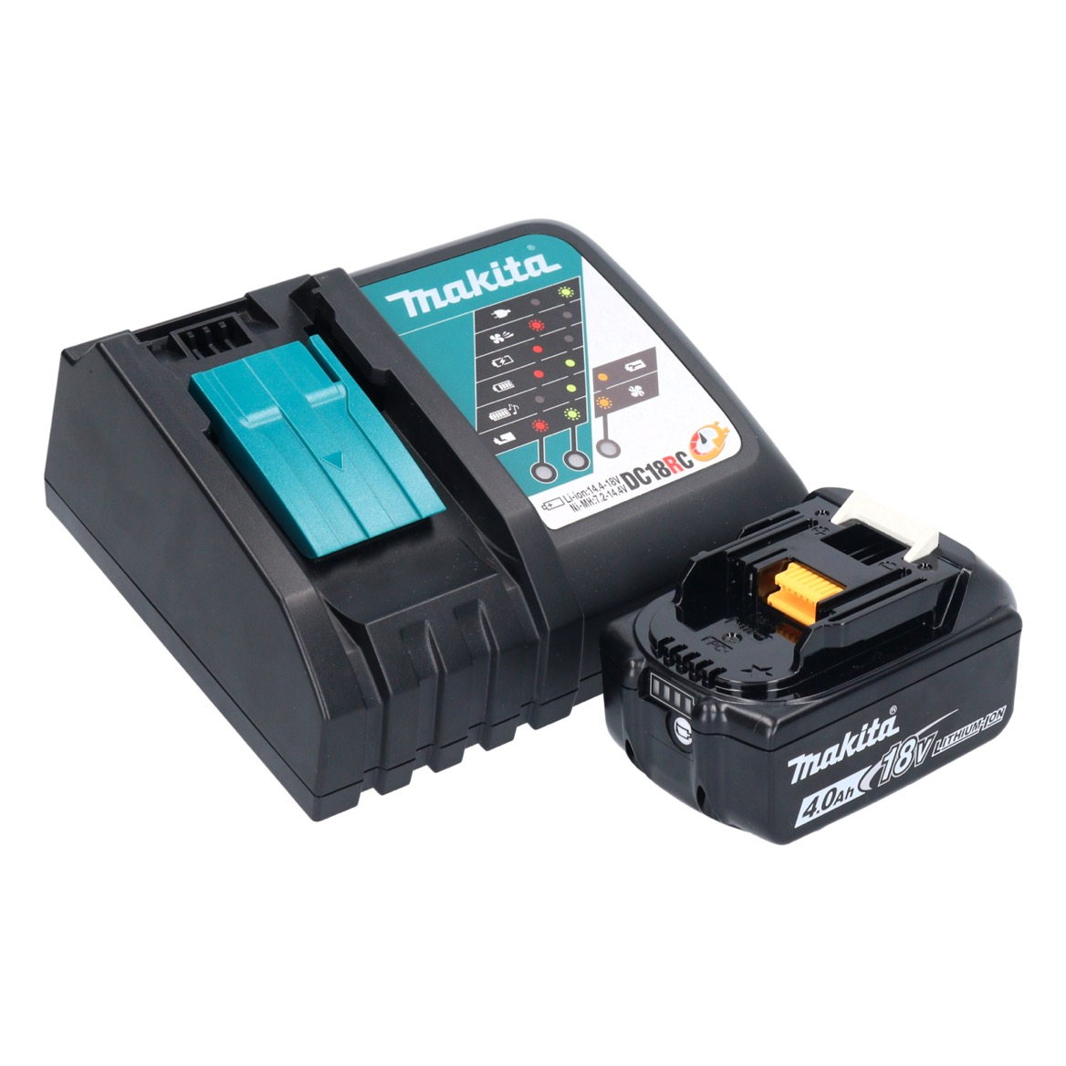 Schwarzes Makita-Ladegerät und -Akku. Das Ladegerät hat einen türkisfarbenen Akzent, der Akku ist schwarz mit gelben und weißen Akzenten.