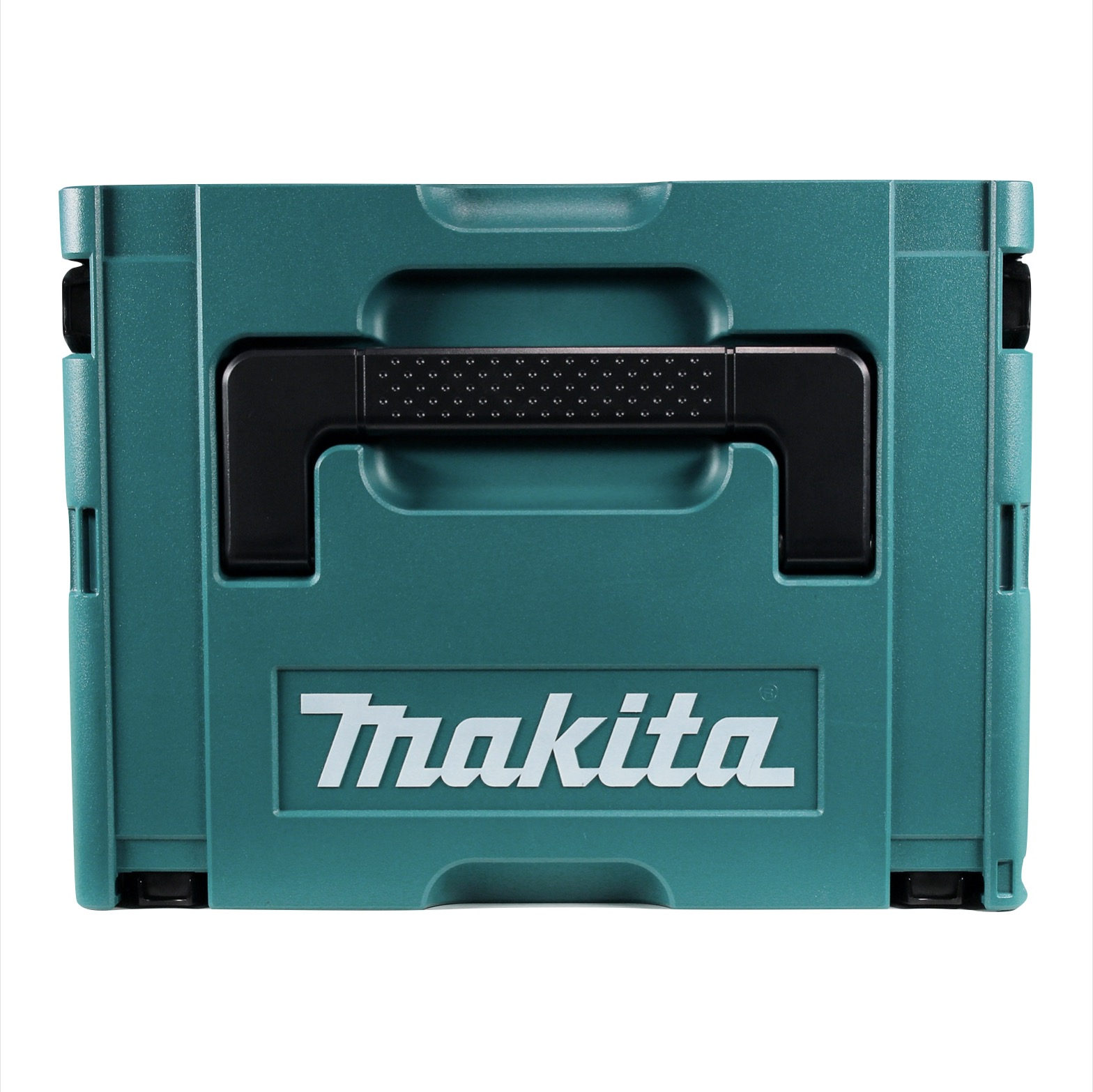 Eine türkisfarbene Makita-Werkzeugkiste mit schwarzem Griff und weißem Makita-Logo. Der Hintergrund ist weiß.