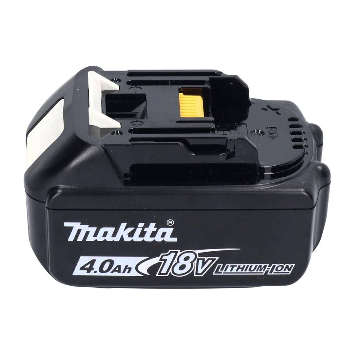 Schwarzer Makita 18V Lithium-Ionen-Akku. Merkmale weißer Text, eine gelbe Lasche und weiße Akzente. Isoliert auf weißem Hintergrund.