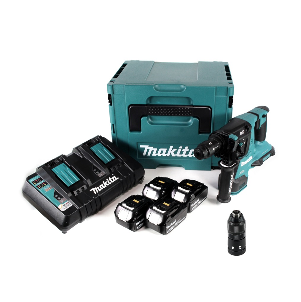Ein Makita-Werkzeugsatz. Enthält Bohrmaschine, Akkus, Ladegerät und Aufbewahrungskoffer. Das Set ist türkis und schwarz auf weißem Hintergrund.