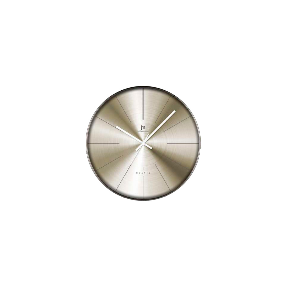 Un orologio rotondo in metallo con lancette bianche e un quadrante argentato. L'orologio ha un design minimalista con il marchio 'jm'.
