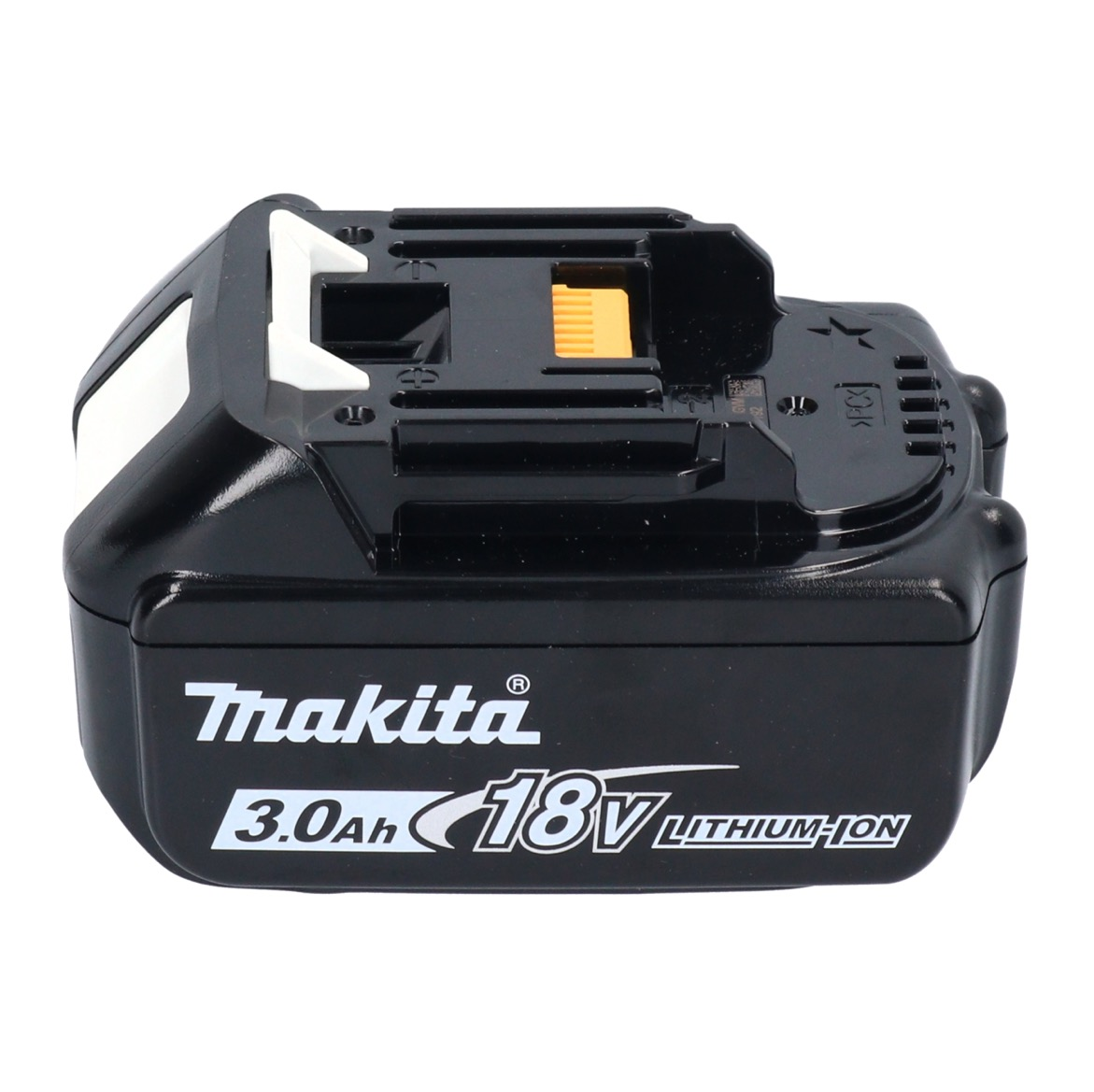 Ein schwarzer Makita 18V Lithium-Ionen-Akkupack. Es hat weißen Text und Akzente. Der Akku befindet sich auf weißem Hintergrund.