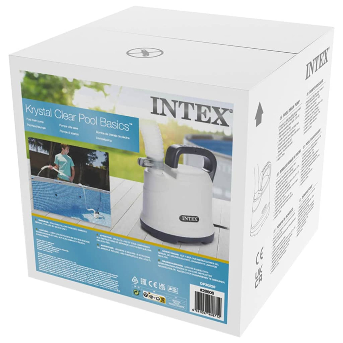 Una caja blanca de Intex Krystal Clear Pool Basics. Presenta una bomba de piscina y una persona limpiando una piscina. El logo de Intex es visible.