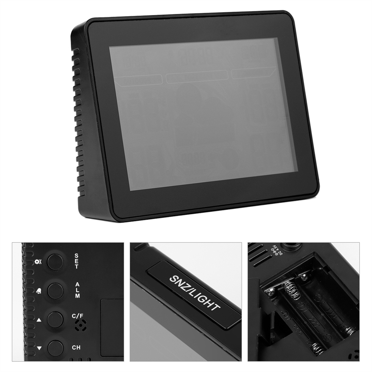 Schwarze Digitaluhr mit Knöpfen und einem Bildschirm. Detailaufnahmen zeigen Knöpfe, die Taste 'SNZ/LIGHT' und das Batteriefach.