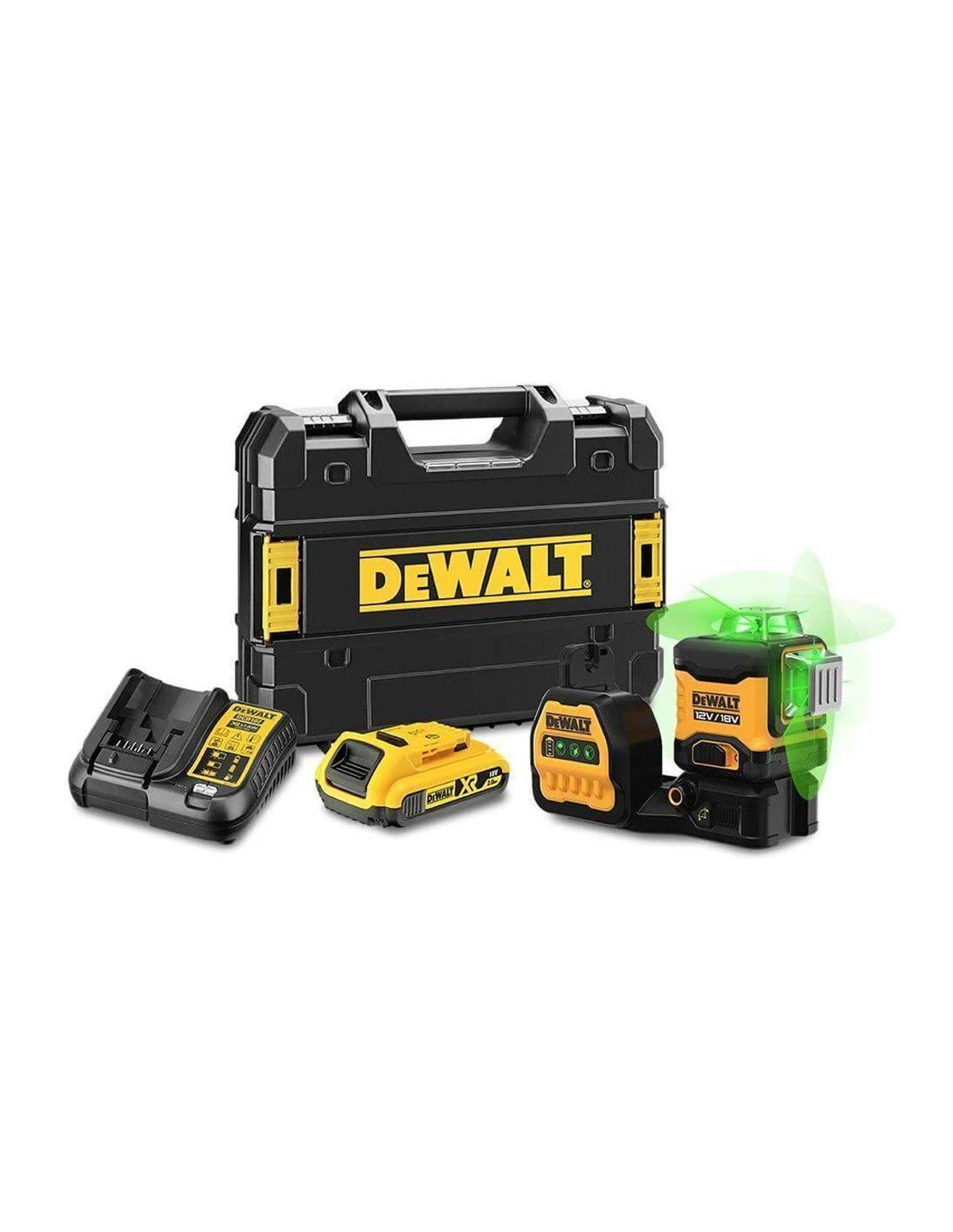 Ein Dewalt-Werkzeugsatz. Eine schwarze Tasche, ein Ladegerät, ein gelber Akku und eine grüne Laserwasserwaage sind sichtbar.