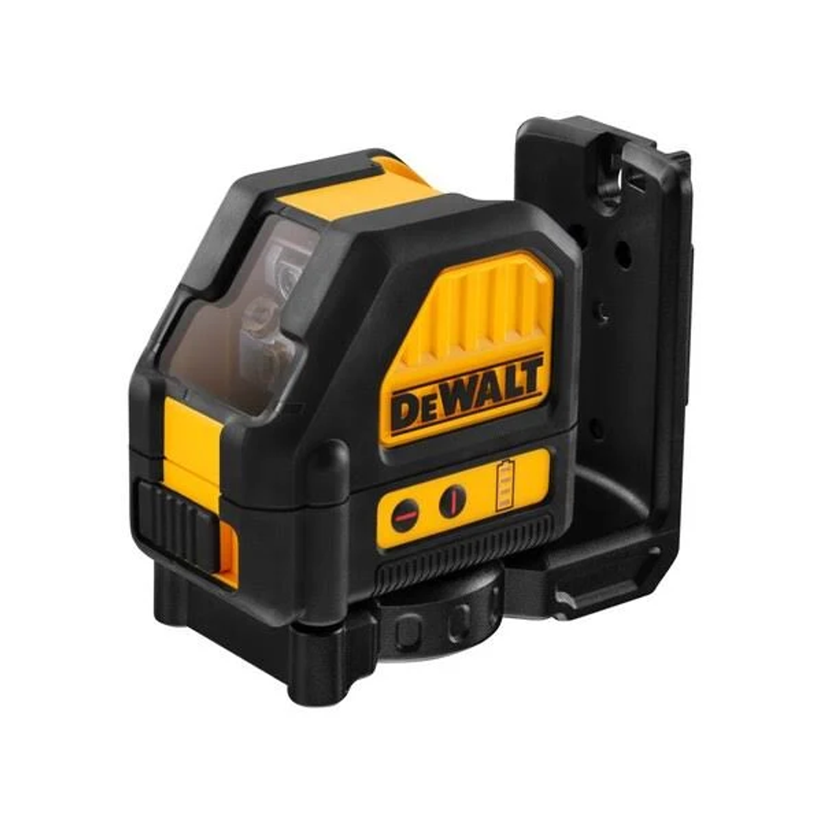 Ein schwarz-gelbes DeWalt-Laser-Niveau. Es hat das DeWalt-Logo und Tasten. Das Gerät ist an einer schwarzen Halterung befestigt.