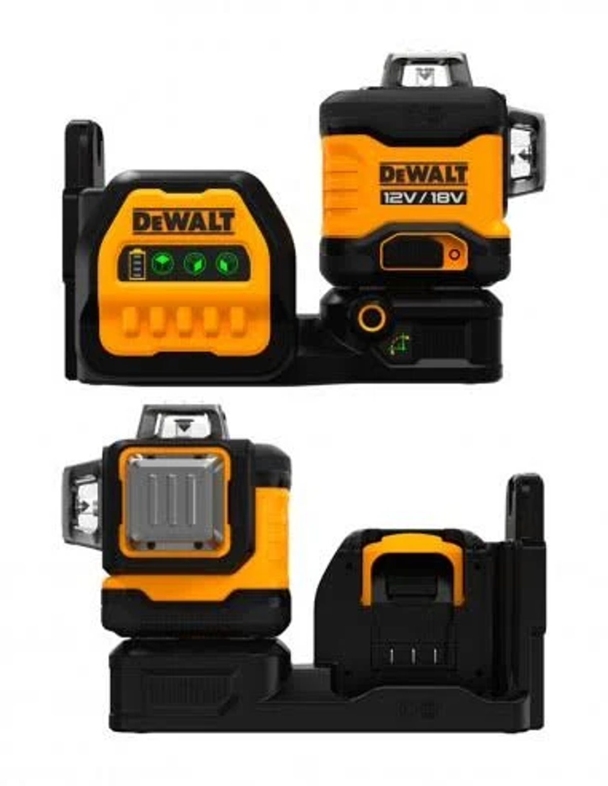Zwei schwarz-gelbe DeWalt-Laserwaagen. Eine zeigt den Batteriestand und die Einstellungen. Die andere hat einen Griff und ein graues Feld.