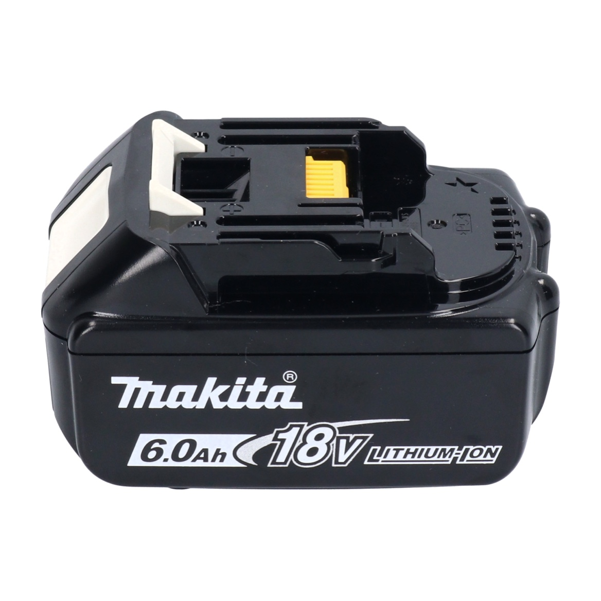 Ein schwarzer Makita 18V Lithium-Ionen-Akku. Es hat weißen Text und Akzente. Der Akku befindet sich auf weißem Hintergrund.