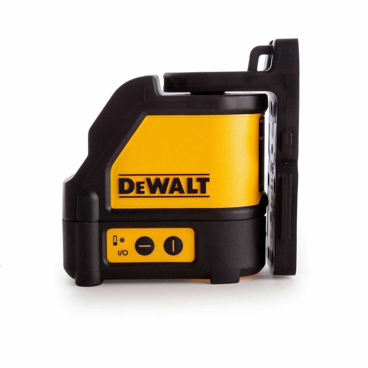 Ein gelbes und schwarzes DEWALT-Laserwasserwaage auf weißem Hintergrund. Das Gerät hat Knöpfe und eine Halterung an der Seite.
