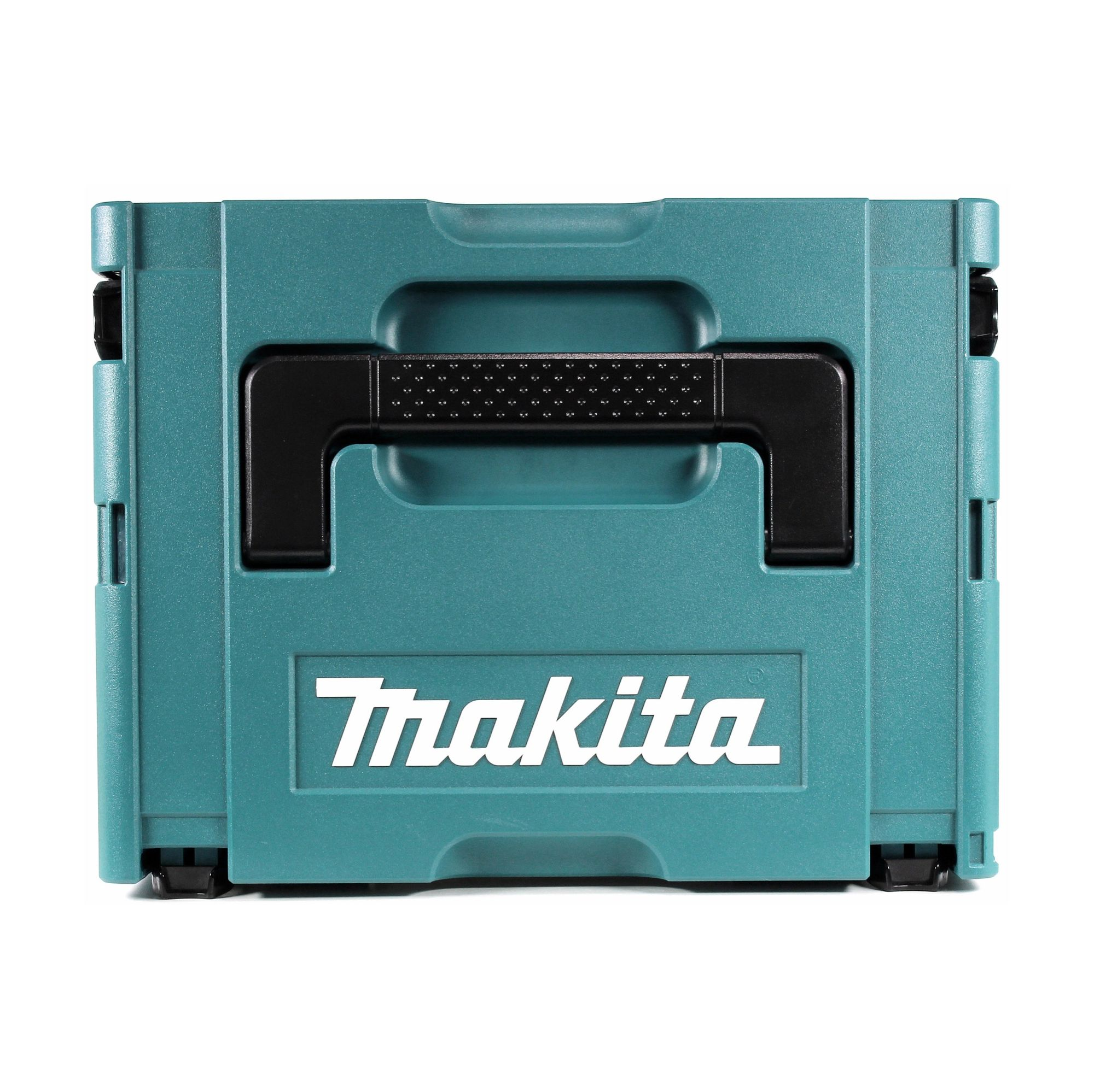 Eine teal Makita-Werkzeugkiste, rechteckig mit schwarzem Griff und dem Markennamen in Weiß.