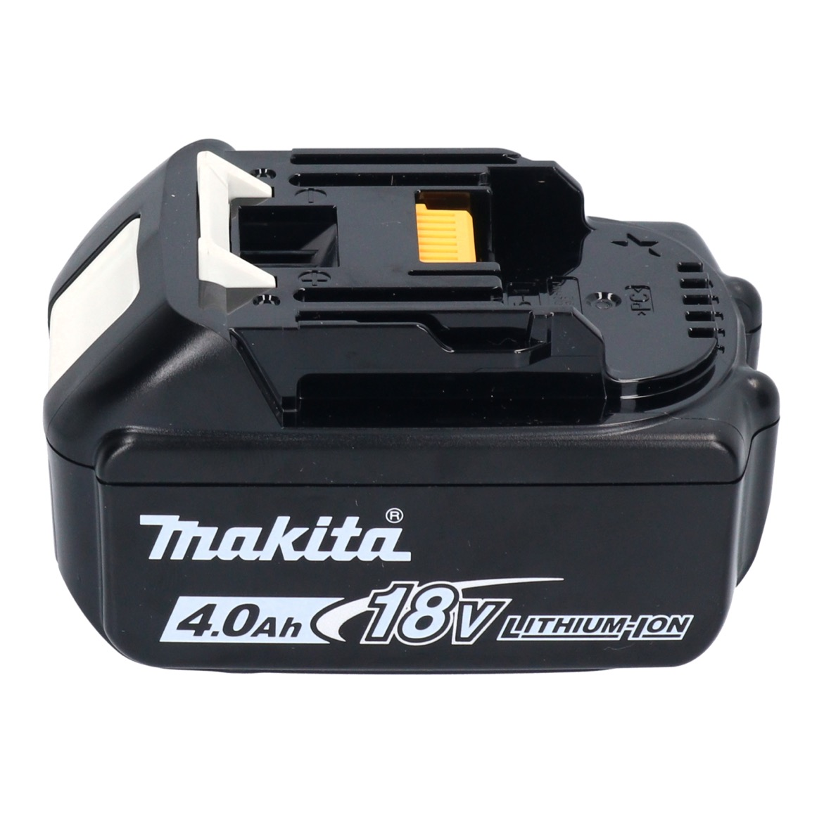 Schwarzer Makita 18V Lithium-Ionen-Akku. Weißer Text zeigt 4,0 Ah an. Oberseite hat schwarzen Kunststoff mit gelben und weißen Akzenten.