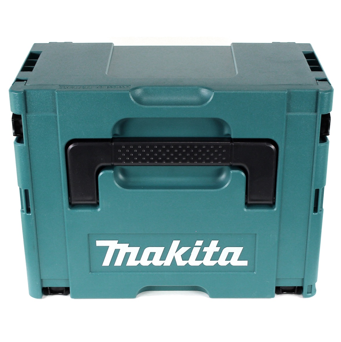 Eine teal Makita Werkzeugkiste mit schwarzem Griff und dem Logo der Marke. Es befindet sich auf weißem Hintergrund.