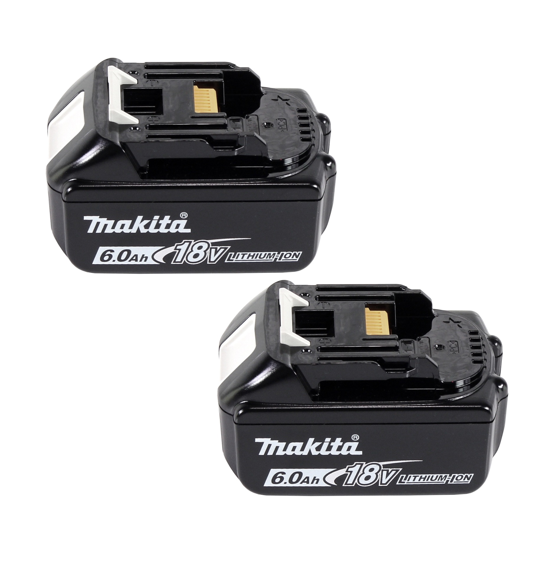 Zwei schwarze Makita 18V 6.0Ah Lithium-Ionen-Akkus auf weißem Hintergrund. Jeder hat weiße Akzente und einen goldenen Anschluss.
